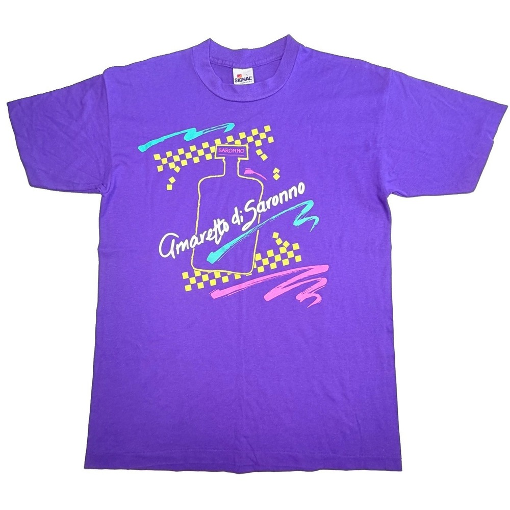 Vintage 80s 90s Amaretto di Saronno T-Shirt Large Purple Neon Signal USA Liquor
